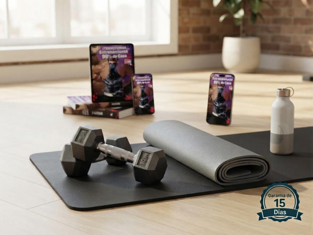 Dispositivos móviles con el E-book Rutina Entrenamiento 99% de Casa junto a equipo de fitness en casa y garantía de satisfacción